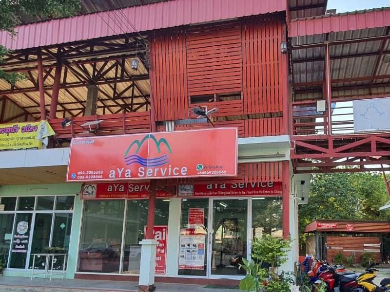Front view of AYA Service rental shop in Chiang Mai offering one-way motorbike rentals and luggage transfers for trips to Pai